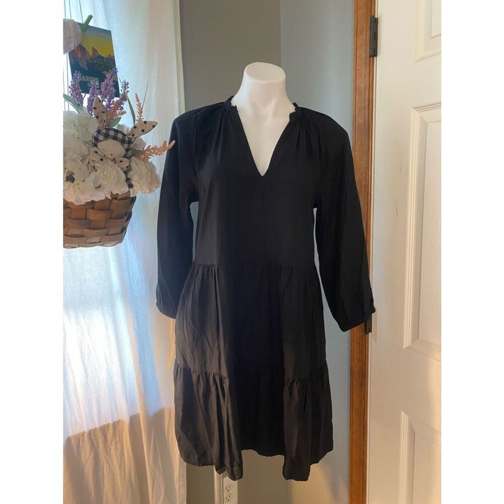 Carolyn Miranda The Drop Black V-Neck Tiered Long-Sleeve Women's Dress